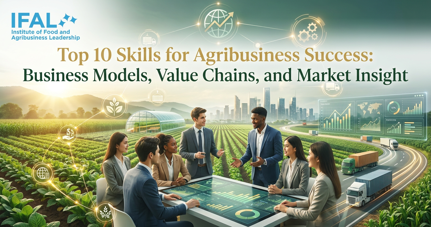Top 10 skills for agribusiness success cover image showing value chains, business strategy, and agribusiness professionals