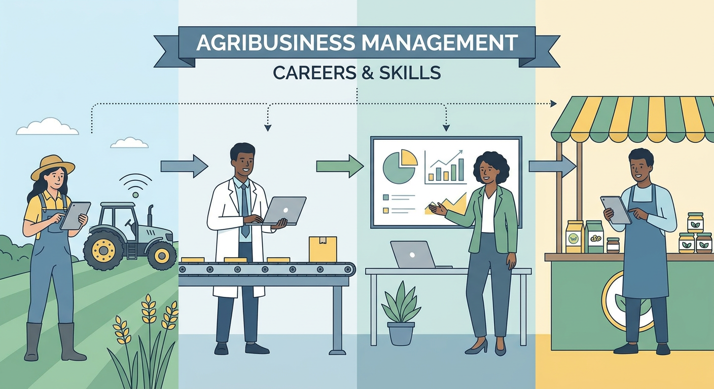 Illustration of agribusiness professionals working across farm operations, processing, supply chain, analytics, and retail