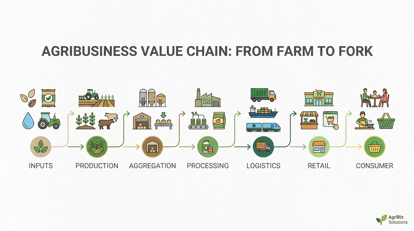 Infographic comparing agriculture and agribusiness across production, processing, logistics, and retail