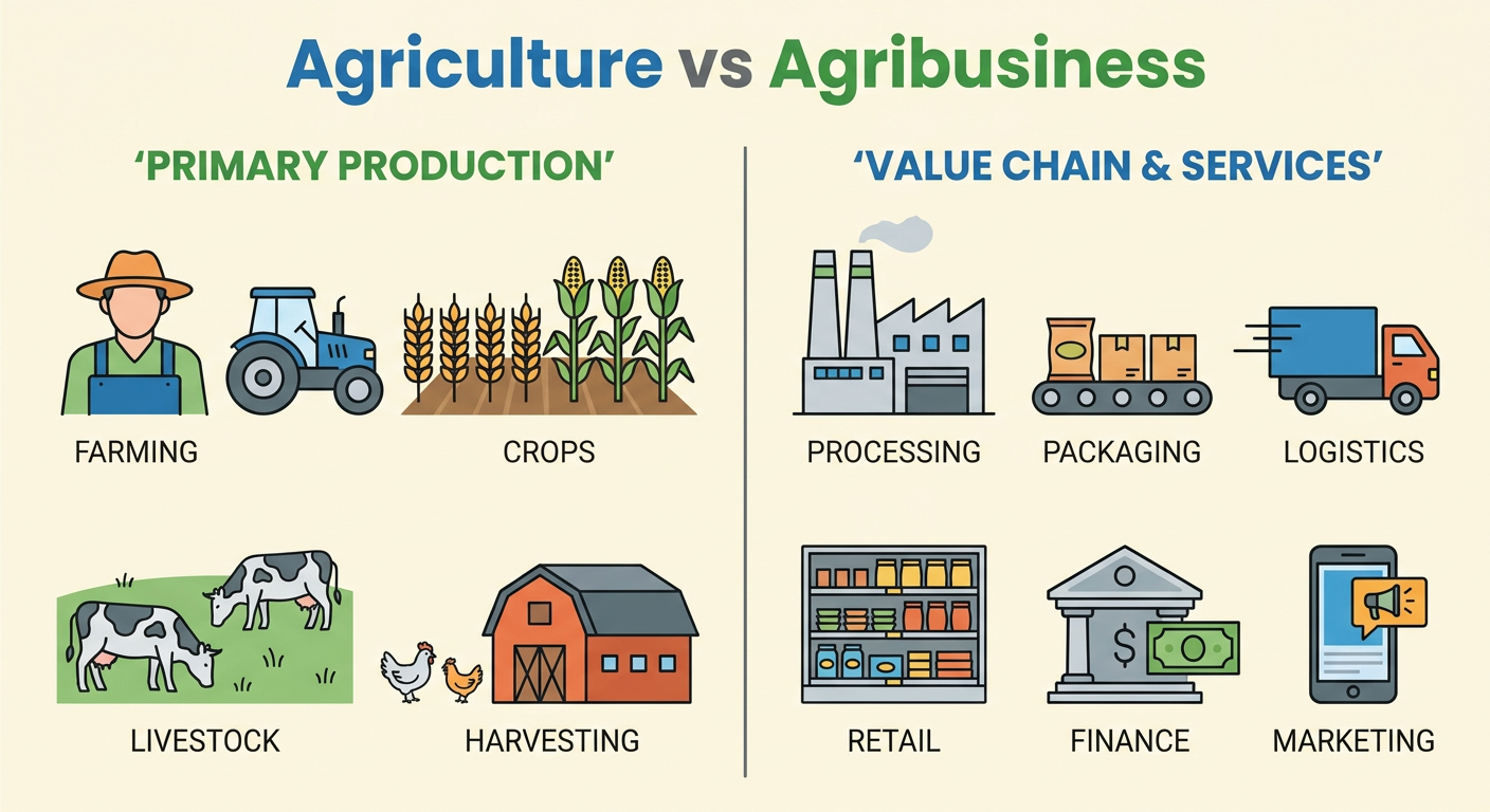 Agribusiness value chain infographic showing inputs, production, processing, logistics, retail, and consumer stages